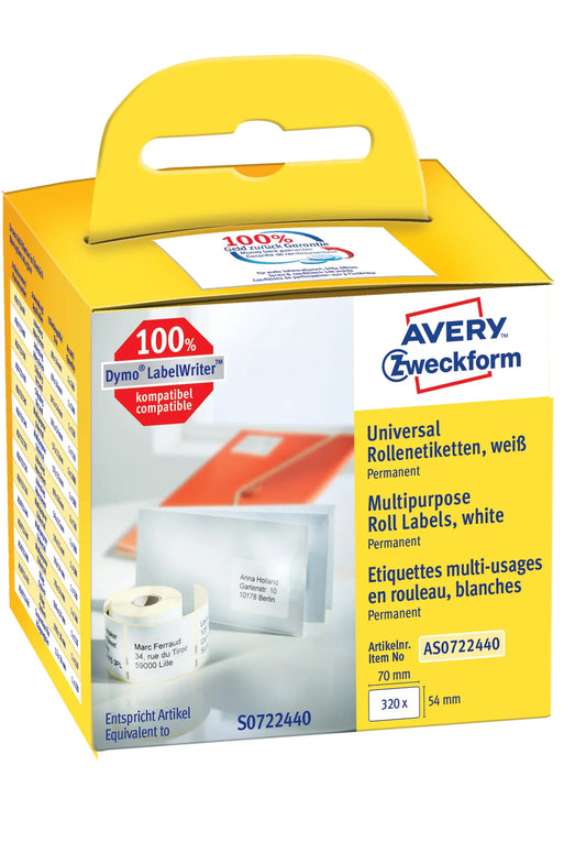 AVERY ZWECKFORM Universal-Etiketten 70x54mm AS0722440 weiss, Rolle 320 Stück Idealshop