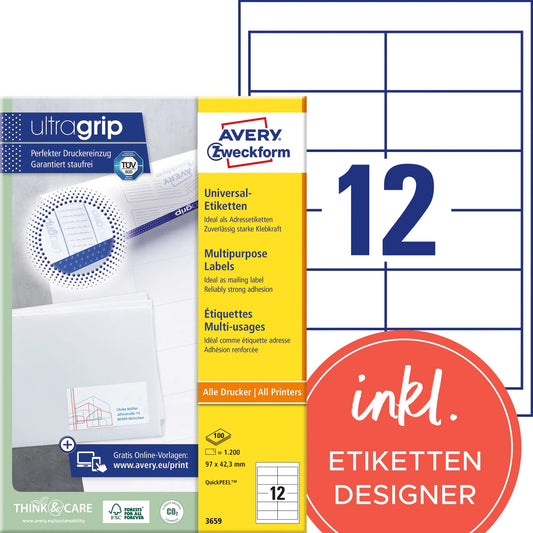 AVERY ZWECKFORM Universal-Etiketten 97x42.3mm 3659 weiss 1200 Stk./100 Blatt Idealshop