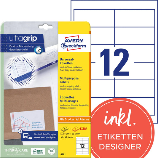 AVERY ZWECKFORM Universal-Etiketten 97x42.3mm 4781 weiss 360 Stk./25 + 5 Blatt Idealshop