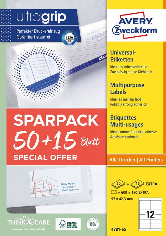 AVERY ZWECKFORM Universal-Etiketten 97x423mm 4781-65 weiss 50+15 Blatt Idealshop