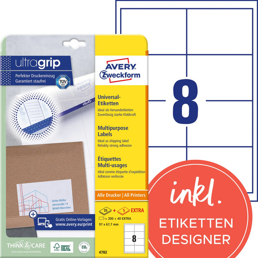 AVERY ZWECKFORM Universal-Etiketten 97x67,7mm 4782 weiss 240 Stk./25 + 5 Blatt Idealshop