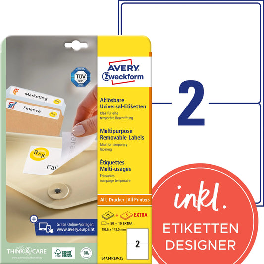 AVERY ZWECKFORM Universaletik. 199,6x143,5mm L4734REV-25 weiss 60 Stk./25 + 5 Blatt Idealshop