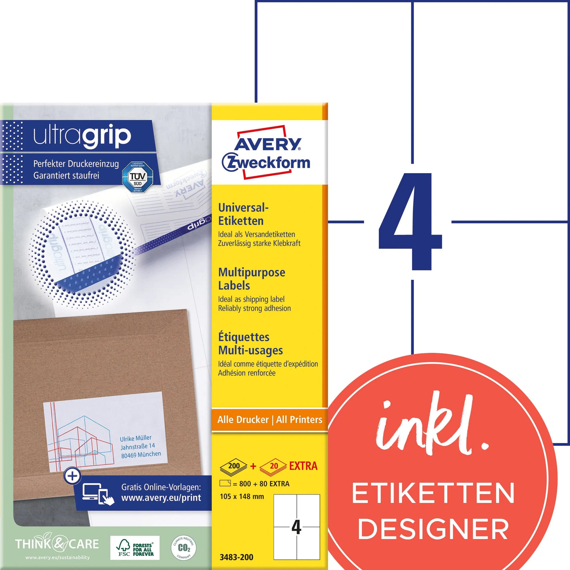 AVERY ZWECKFORM Universaletiketten 105x148mm 3483-200 weiss 880 Stk./200+20 Blatt Idealshop