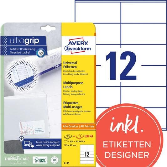 AVERY ZWECKFORM Universaletiketten 105x48mm 6175 weiss 360 Stk./25 + 5 Blatt Idealshop