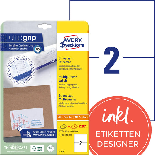 AVERY ZWECKFORM Universaletiketten 210x148mm 6176 weiss 60 Stk./25 + 5 Blatt Idealshop