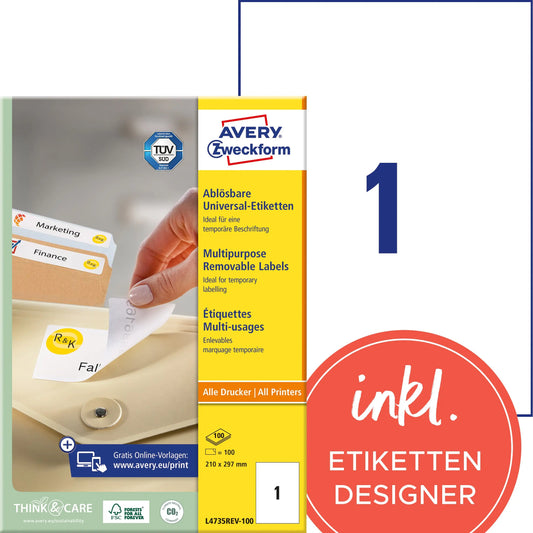 AVERY ZWECKFORM Universaletiketten 210x297mm L4735REV-100 weiss,non-perm. 100Stk./100Bl. Idealshop