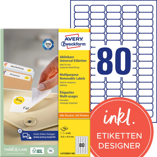 AVERY ZWECKFORM Universaletiketten 35,6x16,9mm L4732REV-100 weiss,non-perm. 8000S./100B. Idealshop