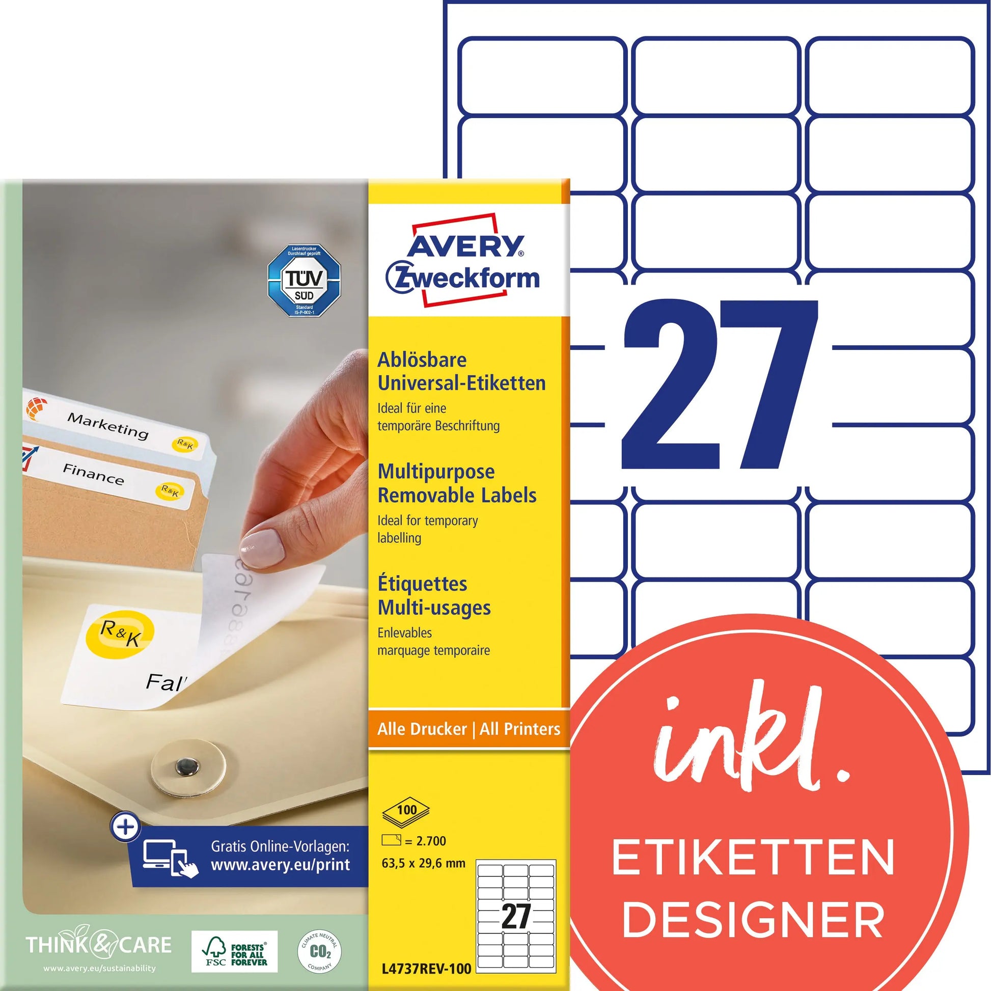 AVERY ZWECKFORM Universaletiketten 63,5x29,6mm L4737REV-100 weiss,non-perm. 2700Stk.100B. Idealshop