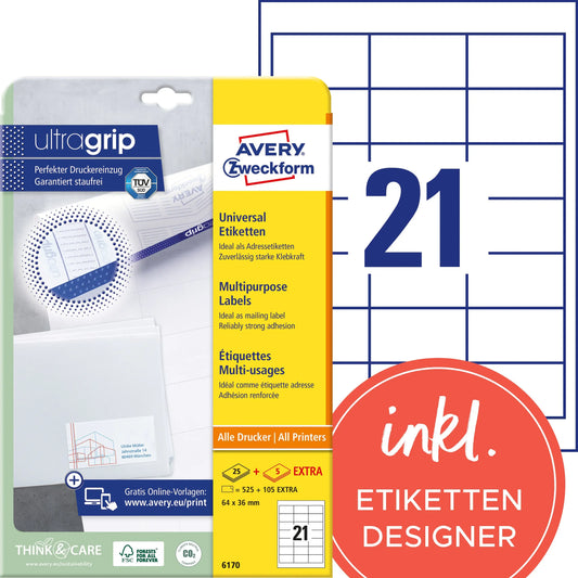 AVERY ZWECKFORM Universaletiketten 64x36mm 6170 weiss 630 Stk./25 + 5 Blatt Idealshop