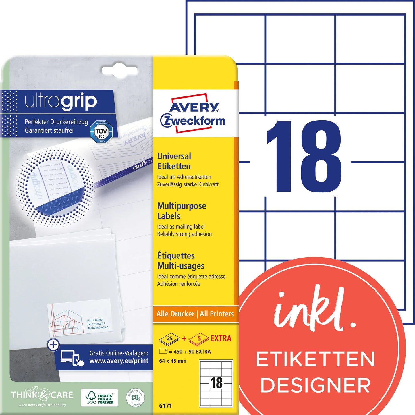 AVERY ZWECKFORM Universaletiketten 64x45mm 6171 weiss 540 Stk./25 + 5 Blatt Idealshop