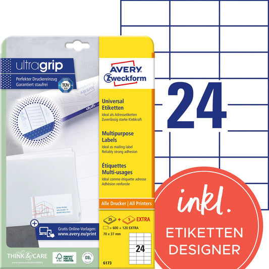 AVERY ZWECKFORM Universaletiketten 70x37mm 6173 weiss 720 Stk./25 + 5 Blatt Idealshop