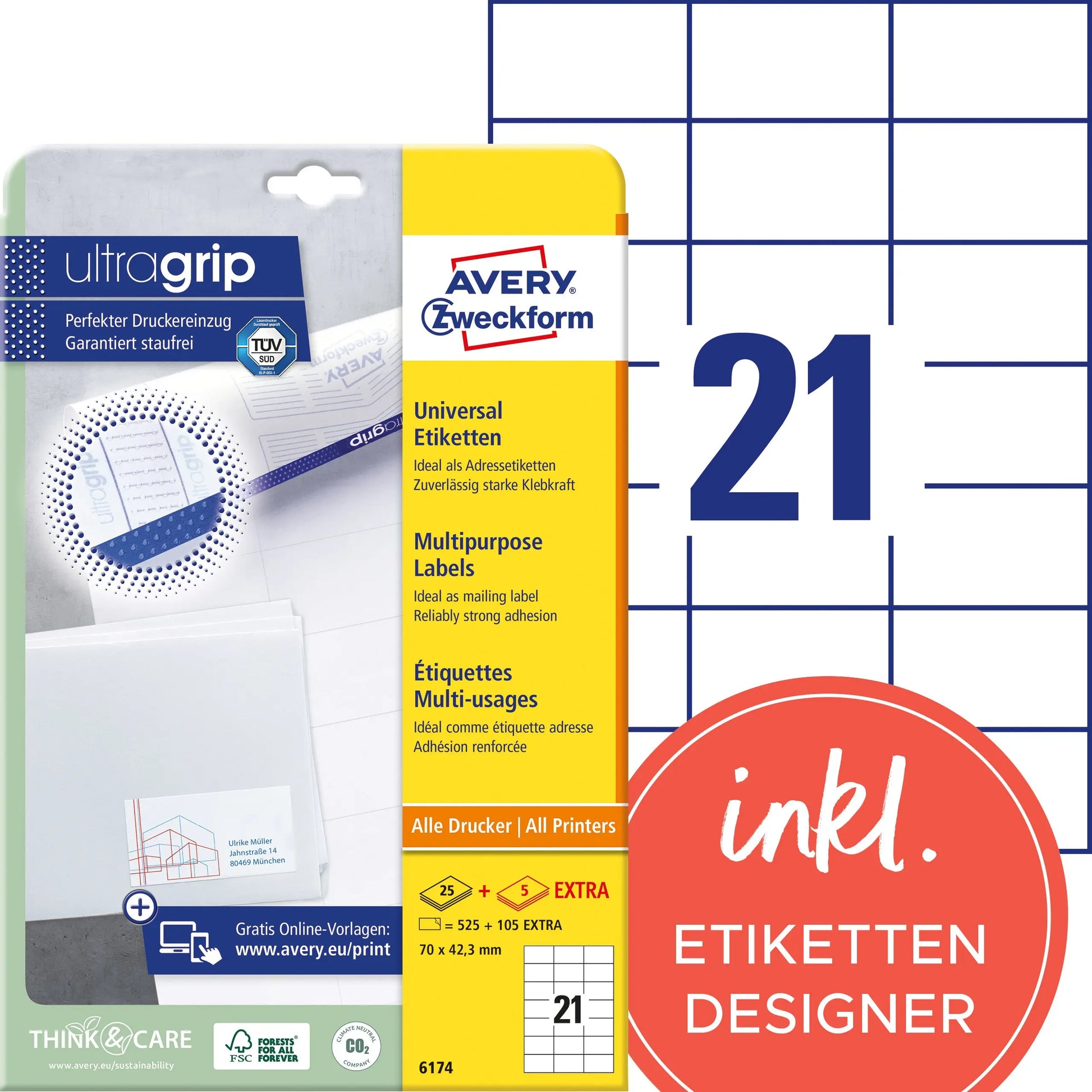 AVERY ZWECKFORM Universaletiketten 70x42,3mm 6174 weiss 630 Stk./25 + 5 Blatt Idealshop