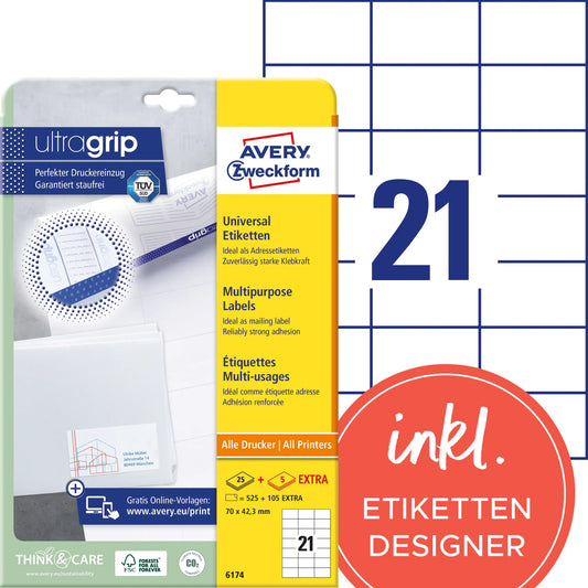 AVERY ZWECKFORM Universaletiketten 70x42,3mm 6174 weiss 630 Stk./25 + 5 Blatt Idealshop