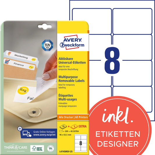 AVERY ZWECKFORM Universaletiketten 96,0x63,5mm L4745REV-25 weiss 240 Stk./25 + 5 Blatt Idealshop