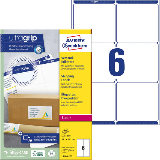 AVERY ZWECKFORM Versand-Etiketten 99,1x93,1mm L7166-100 weiss 600 Stk./100 Blatt Idealshop