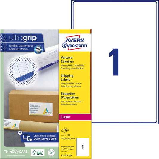 AVERY ZWECKFORM Versandetiketten 199,6x289,1mm L7167-100 weiss 100 Stk./100 Blatt Idealshop