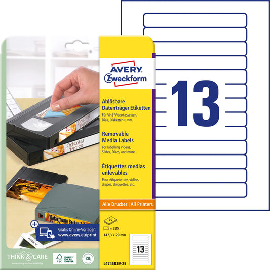 AVERY ZWECKFORM Video-Etiketten 147,3x20mm L4746REV-25 weiss,non-perm. 325 Stk./25Bl. Idealshop