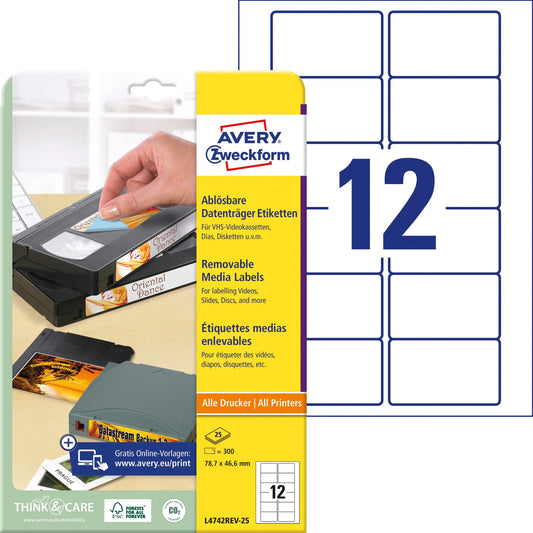 AVERY ZWECKFORM Video-Etiketten 78,7x46,6mm L4742REV-25 weiss,non-perm. 300Stk./25Bl. Idealshop