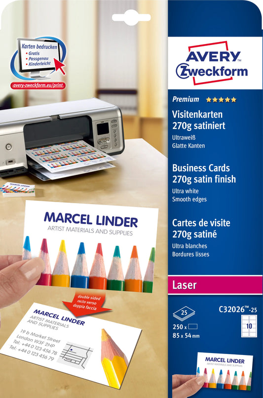 AVERY ZWECKFORM Visitenkarten 85x54mm/A4 C32026-25 weiss, 270g 250 Stück Idealshop