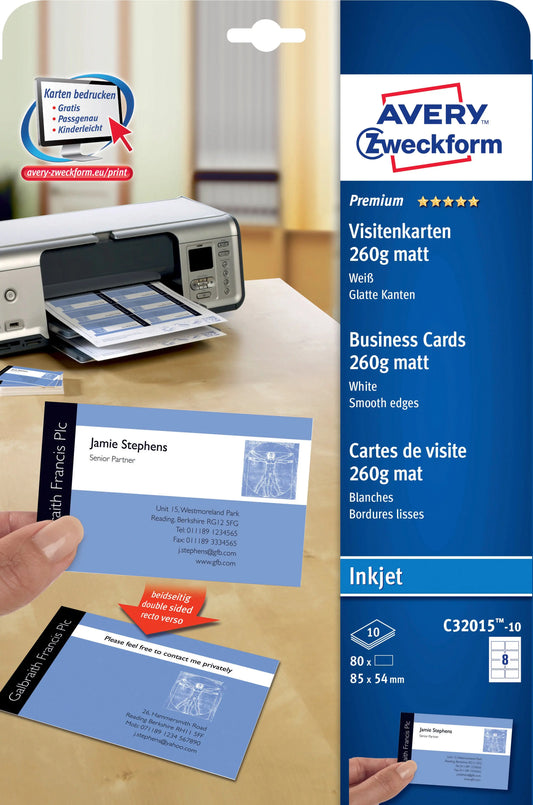 AVERY ZWECKFORM Visitenkarten 85x54mm C32015-10 weiss, matt, 260g/m2 80 Karten Idealshop