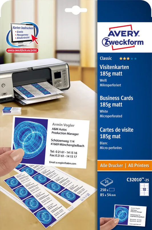 AVERY ZWECKFORM Visitenkarten Design 85x54mm C32010-25 MP, blanko, 185g 250 Stück Idealshop