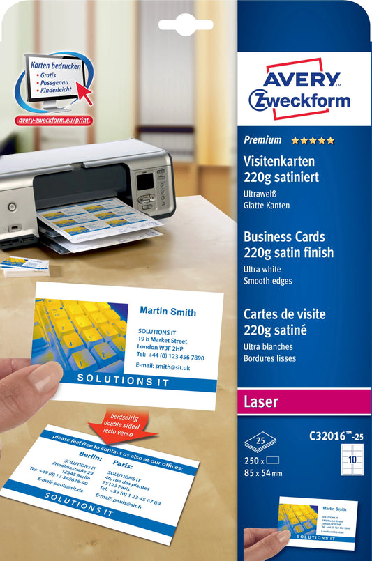 AVERY ZWECKFORM Visitenkarten doppels. 85x54mm C32016-25 Laser,220g,weiss 25Bl./10Stk. Idealshop