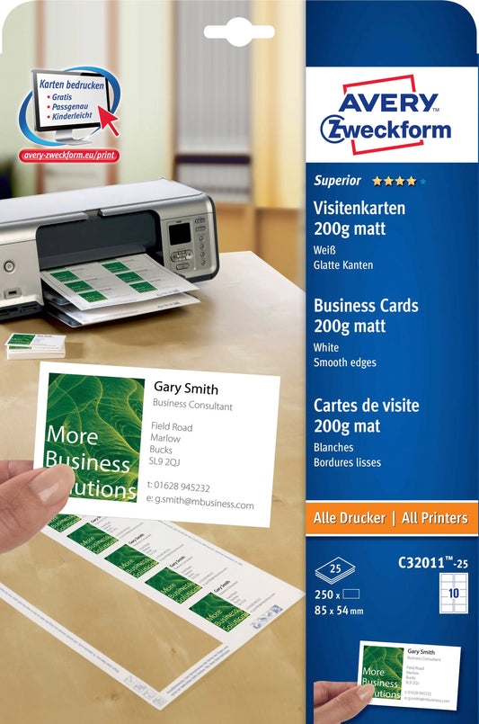 AVERY ZWECKFORM Visitenkarten matt 85x54mm C32011-25 Univer.200g,weiss 25Bl./10St. Idealshop