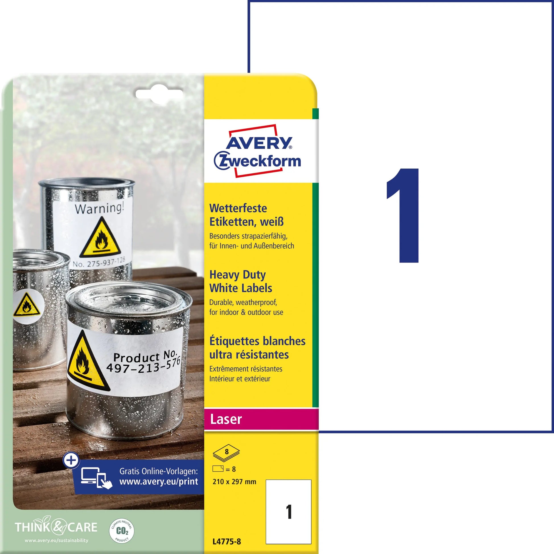 AVERY ZWECKFORM Wetterfeste-Etikett. 210x297mm L4775-8 weiss 8 Blatt/8 Stk. Idealshop