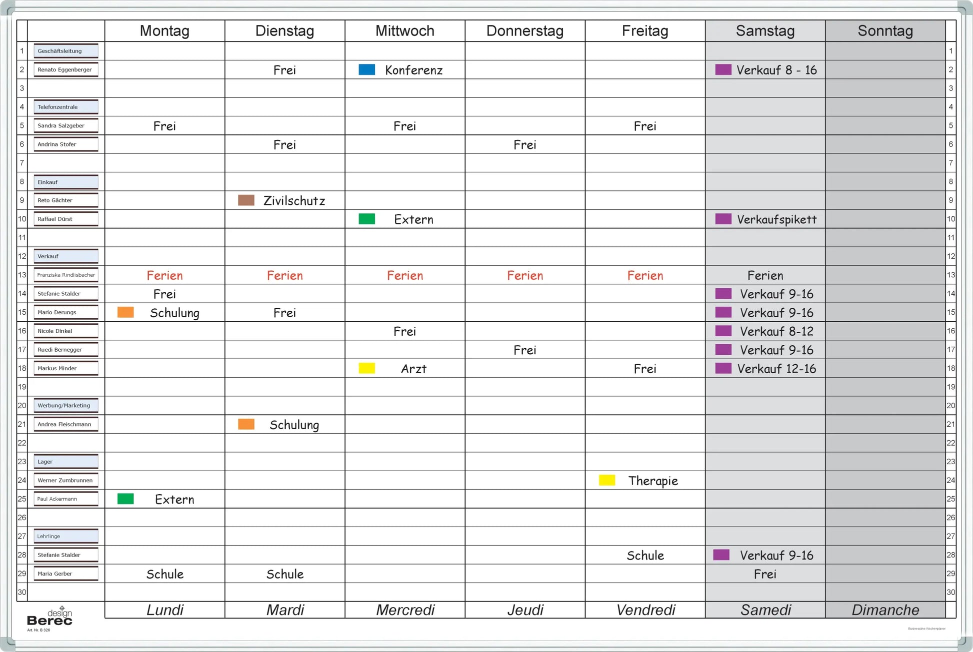 BEREC Wochenplaner 60x90cm B 326 für 30 Personen Idealshop