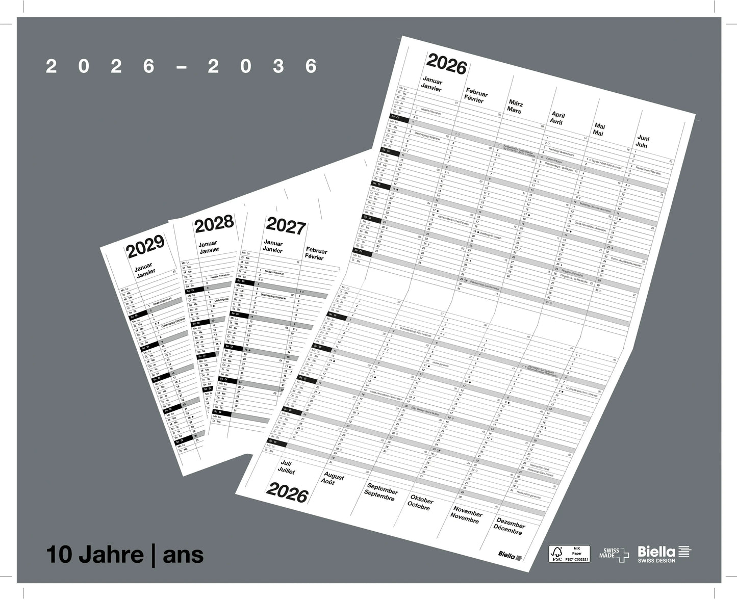 BIELLA 10-Jahreskalender Wire-O 2026 878310000026U 1J/2S grau DE/FR 30x24cm Idealshop