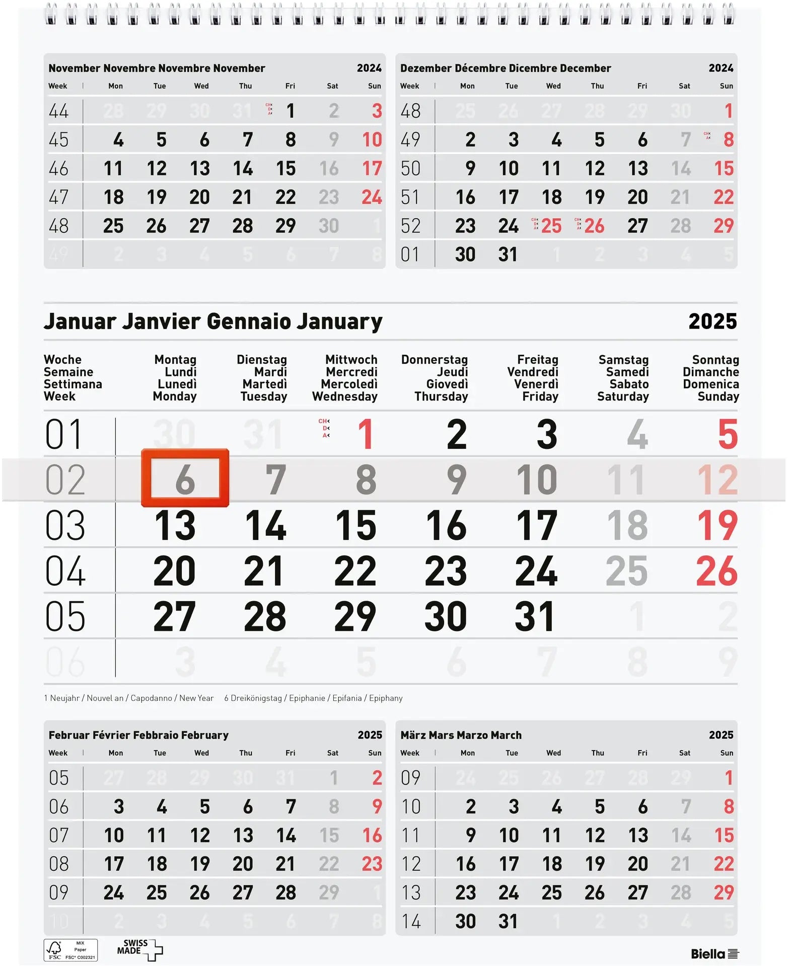 BIELLA    5-Monatskalender Wire-O   2025 Idealshop
