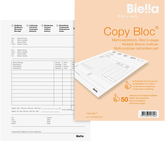 BIELLA Durchschreibeblock Copy A6 51662500U weiss 4-sprachig, Mehrzweck Idealshop