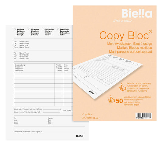 BIELLA Mehrzweck.COPY-BLOC D/F/I/E A5 51652500U selbstdurchschreib. 50x2 Blatt Idealshop
