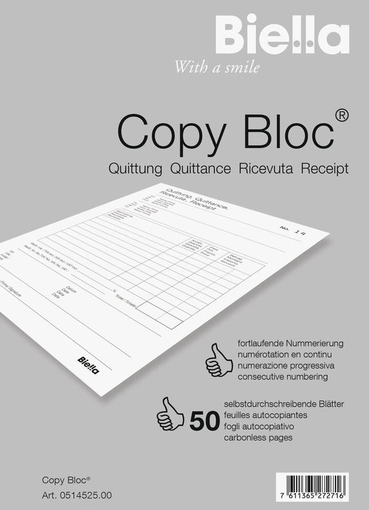 BIELLA Quittung COPY-BLOC D/F/I/E A5 51452500U selbstdurchschreib. 50x2 Blatt Idealshop