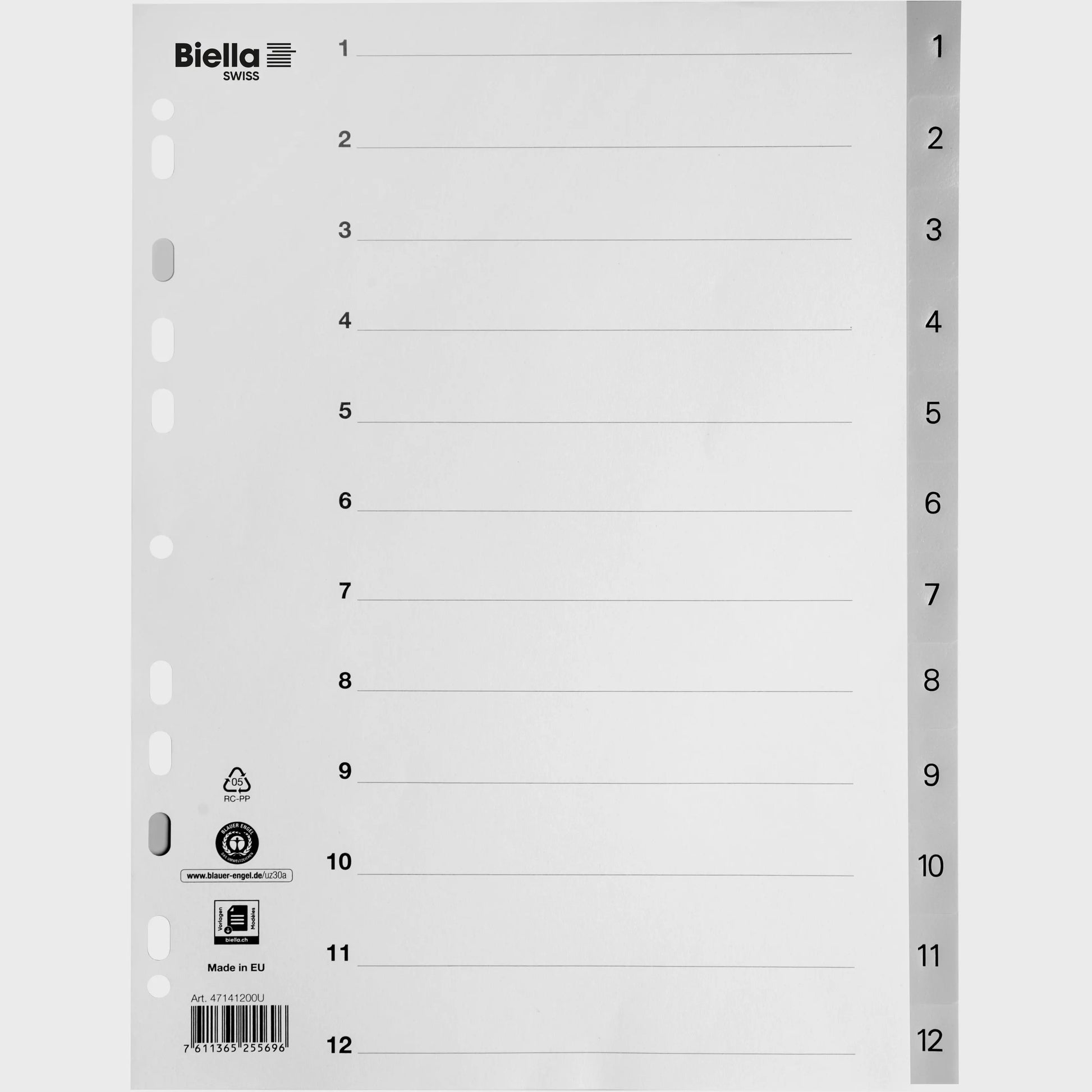 BIELLA Register PP A4 47141200U grau 1-12 Idealshop