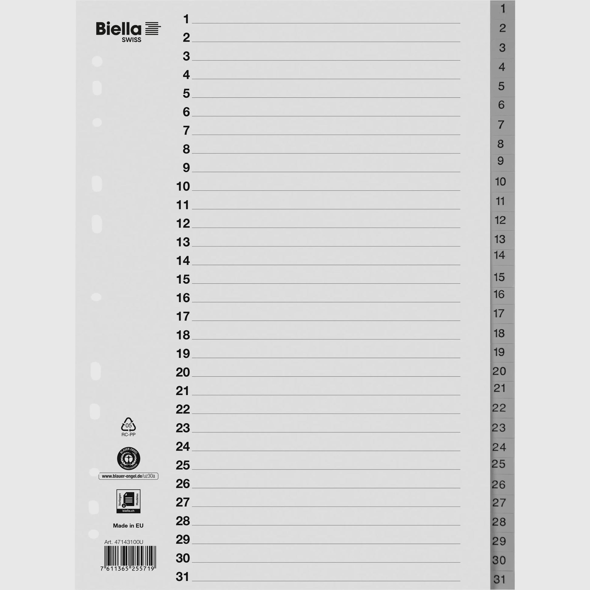 BIELLA Register PP A4 47143100U grau 1-31 Idealshop