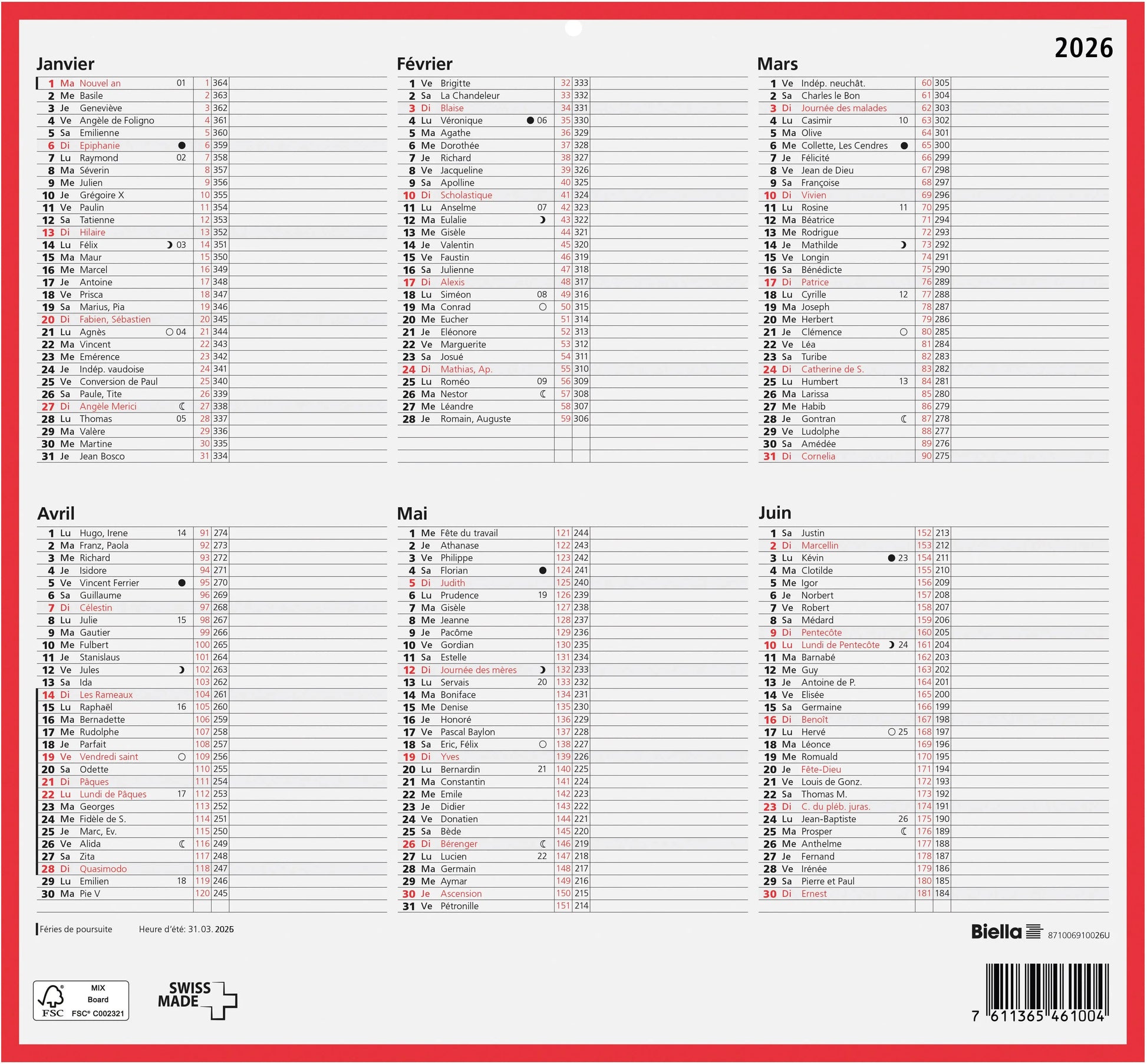 BIELLA Wandkalender 2026 871006910026U 6M/1S rot/weiss FR 32x29.7cm Idealshop
