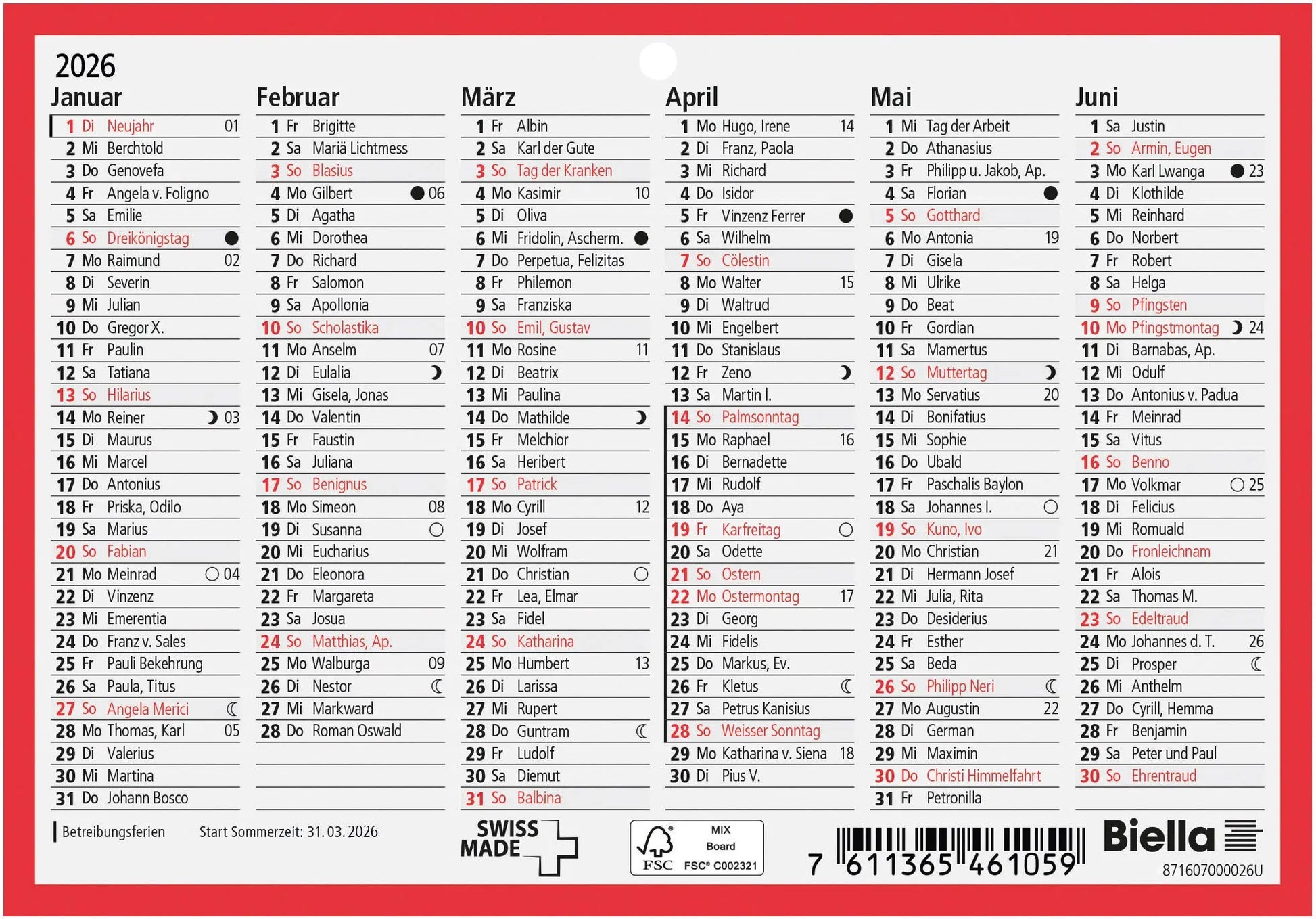 BIELLA Wandkalender 2026 871607000026U 6M/1S rot/weiss DE 16.5x11.5cm Idealshop