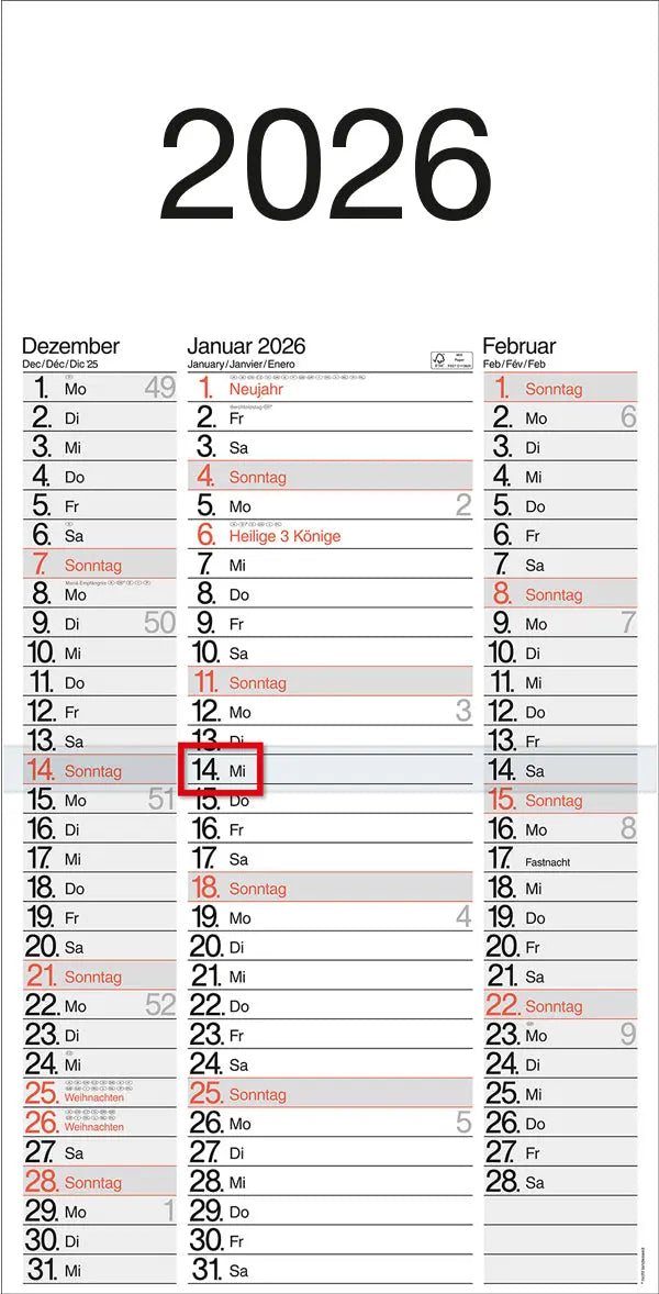 BÜHNER 3-Monatskalender 2026 M3TE-R-BLOCK ML 30x59cm Idealshop