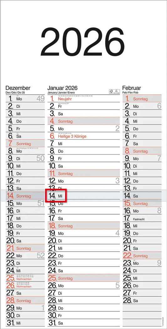 BÜHNER 3-Monatskalender 2026 M3TE-R-BLOCK ML 30x59cm Idealshop