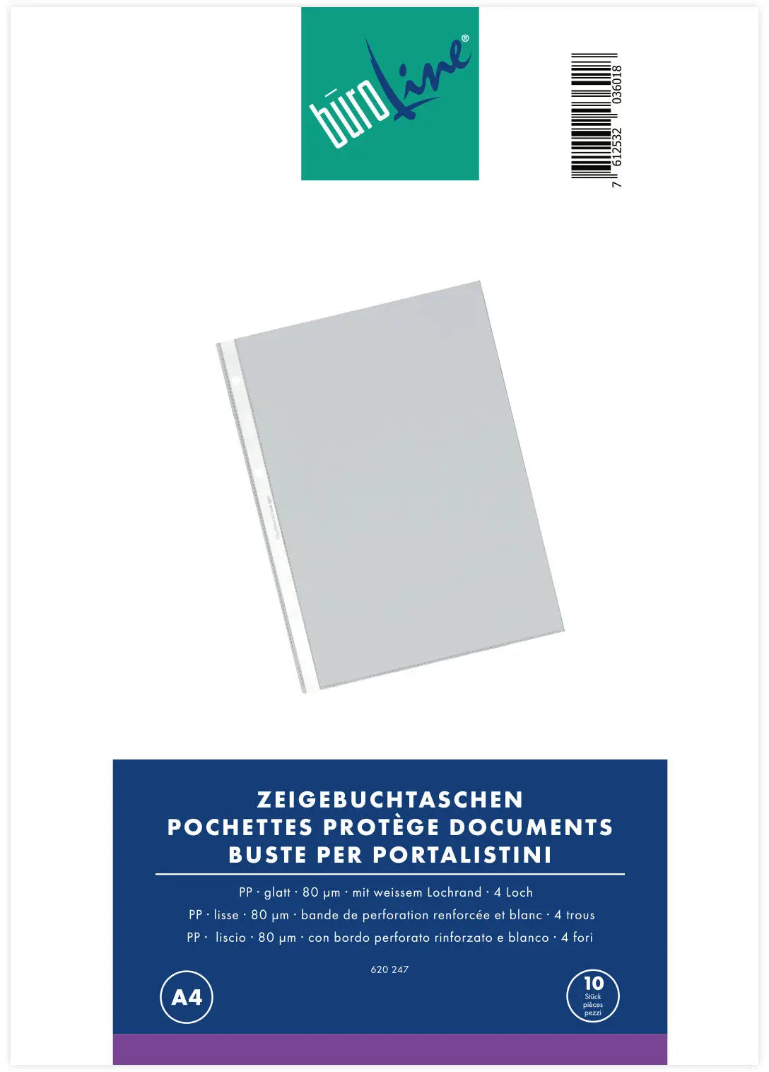 BÜROLINE Zeigetaschen PP 80 my A4 620247 transparent, glatt 10 Stück Idealshop