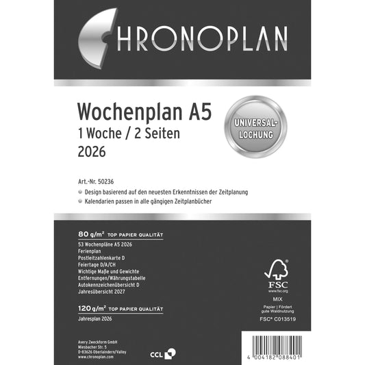 CHRONOPLAN Ersatz Wochenplan 2026 50236Z.26 1W/2S in Spalten A5 Idealshop