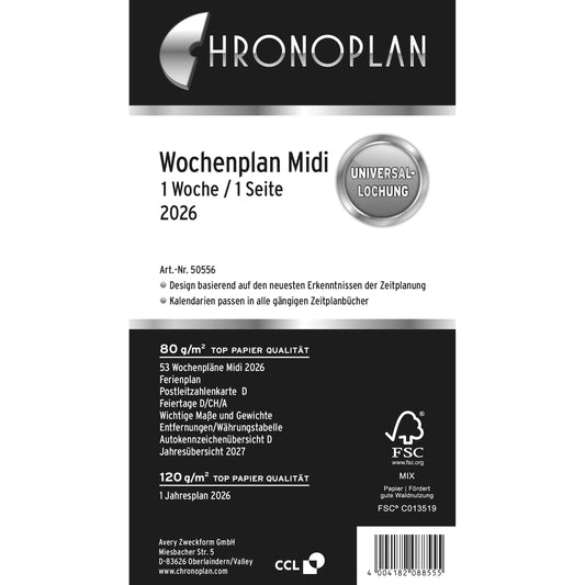 CHRONOPLAN Ersatz Wochenplan 2026 50556Z.26 1W/1S in Zeilen Midi Idealshop