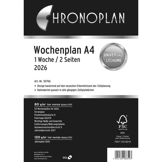 CHRONOPLAN Ersatz Wochenplan 2026 50706Z.26 1W/2S in Spalten A4 Idealshop