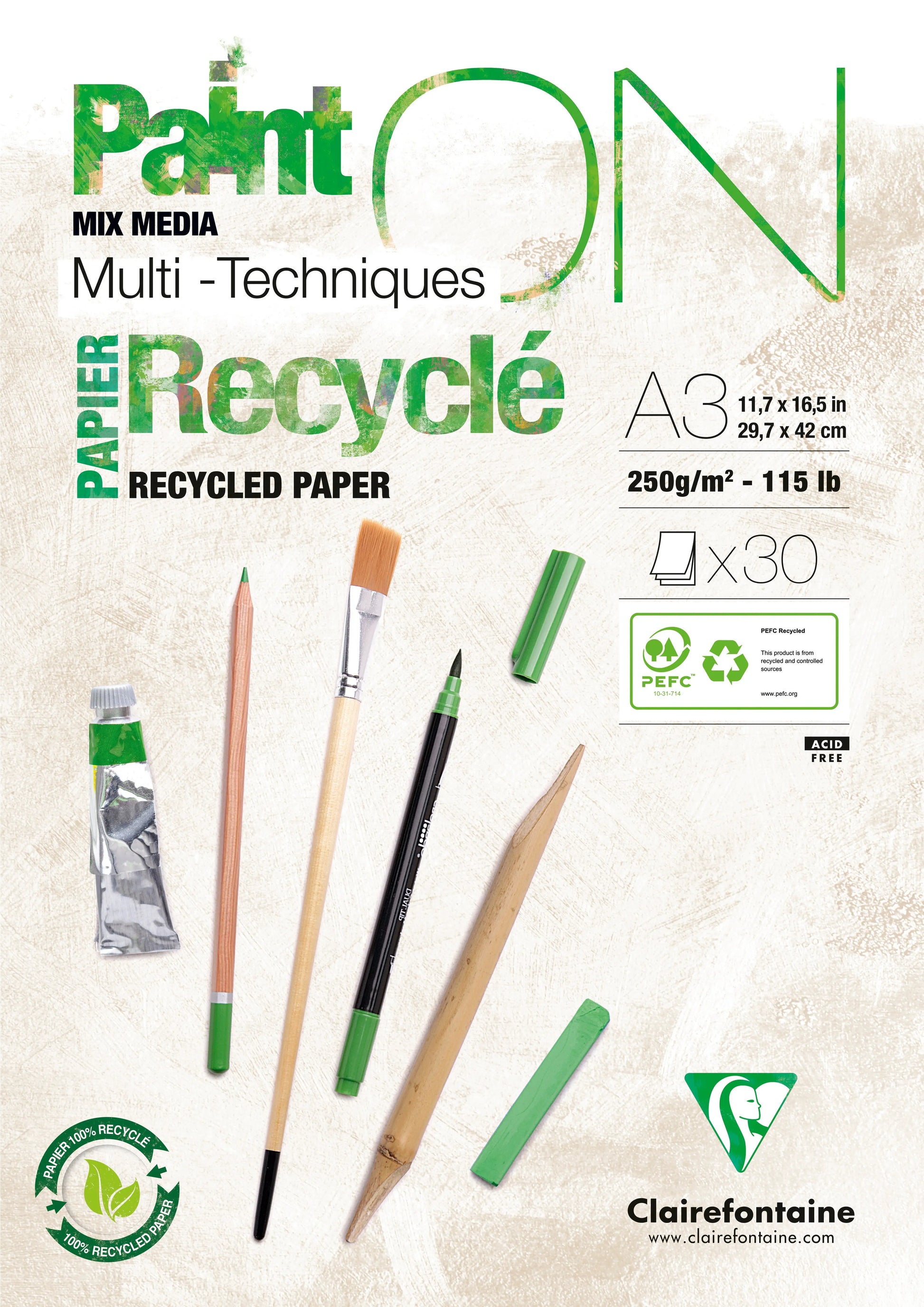 CLAIREFONTAINE Paint'On Block A3 975742C weiss, recycling 30 Blatt Idealshop