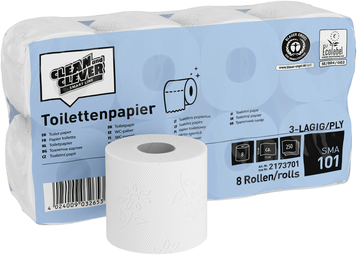 CLEAN AND CLEVER WC-Papier 3-lagig 9.4x11cm P32660 weiss recycling 64 Rl.,250 Bl. Idealshop