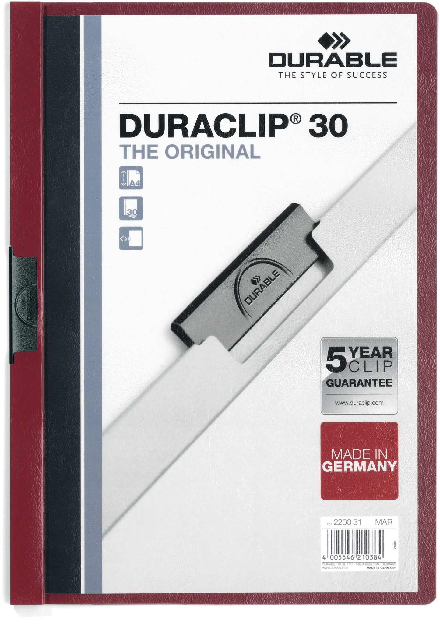 DURABLE Klemmhefter DURACLIP 30 220031 für 30 Blatt A4 dunkelrot Idealshop