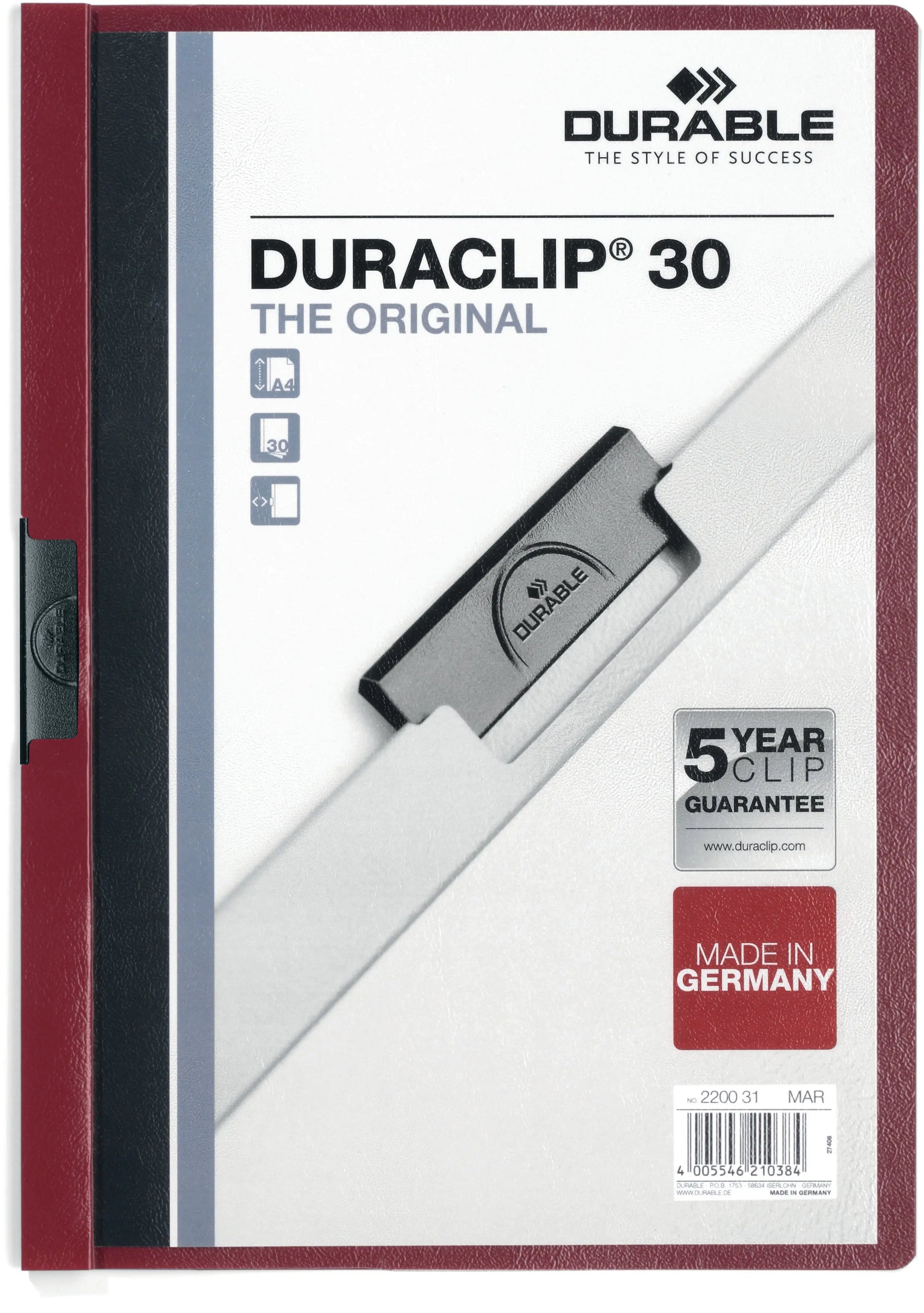 DURABLE Klemmhefter DURACLIP 30 220031 für 30 Blatt A4 dunkelrot Idealshop