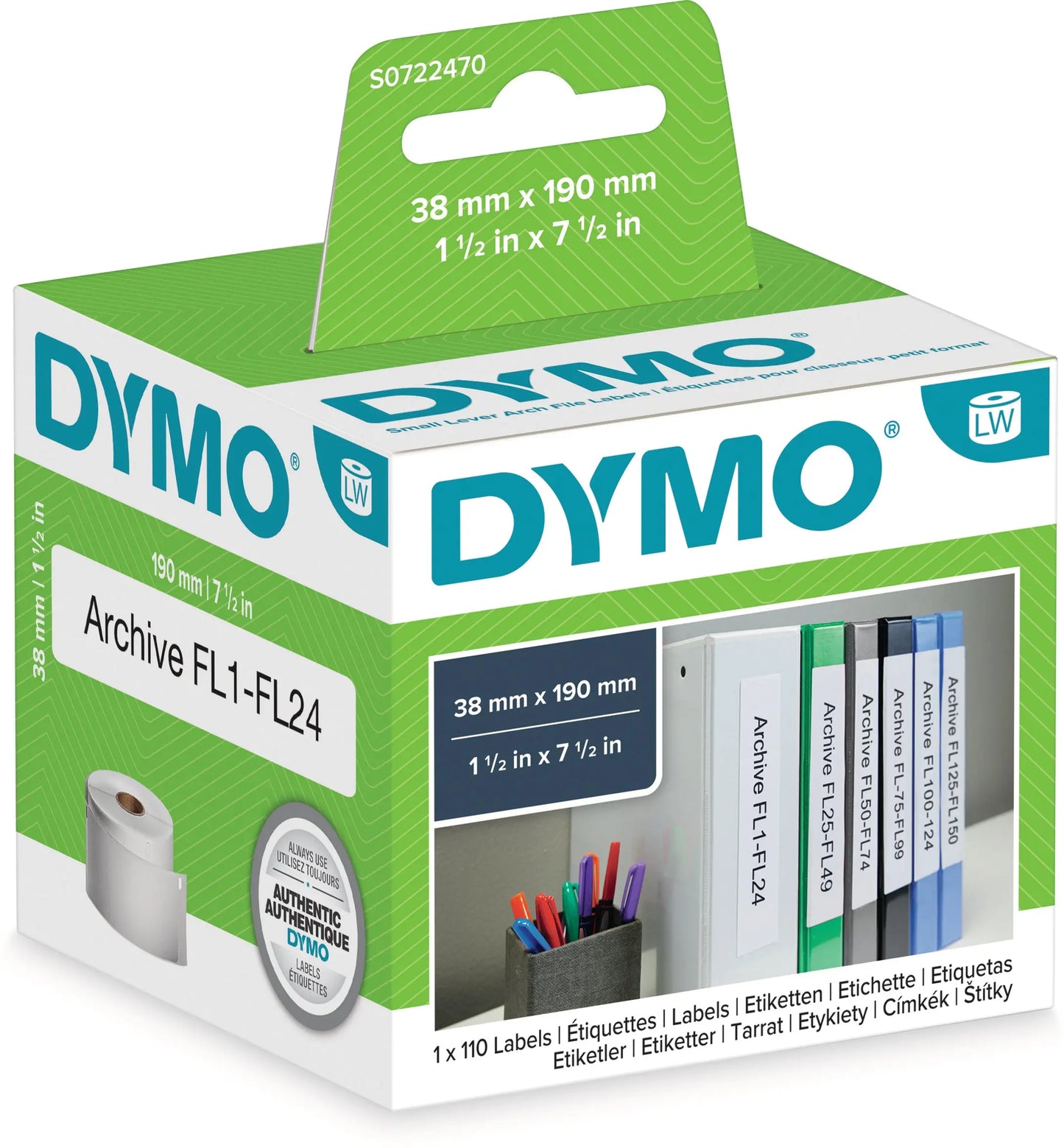 DYMO Etikettenrollen 38x190mm S0722470 weiss, perm. 110 Stück Idealshop