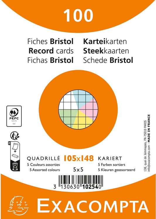 EXACOMPTA Karteikarten kariert A6 10254E farbig assortiert 100 Stück Idealshop